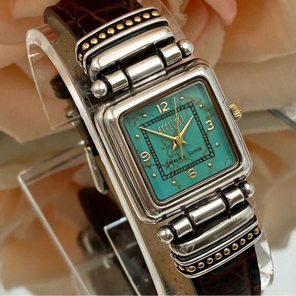 Vintage Ecclissi Sterling Silver Watch with Turquoise Dial and Gold-tone Accents - Picture 2 of 16
